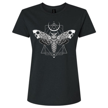 Black t-shirt with a white moth and geometric design on a white background